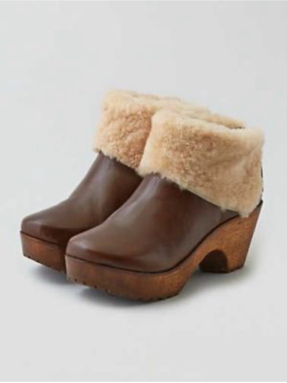Matisse Tahoe Brown Ankle Boot faux fur cuff, and a wooden platform heel. New